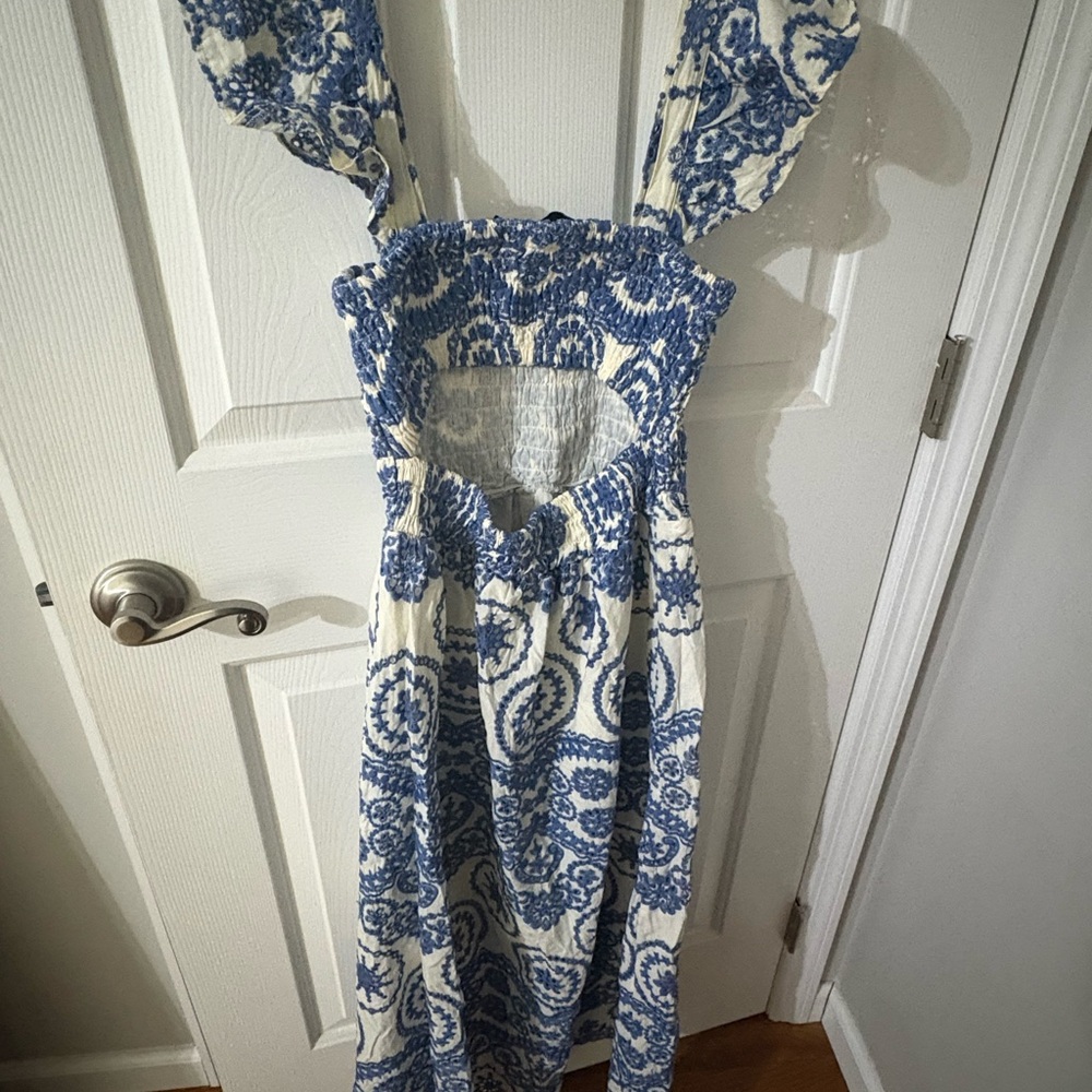 Blue and White Smocked Maxi Dress - Picture 2 of 3